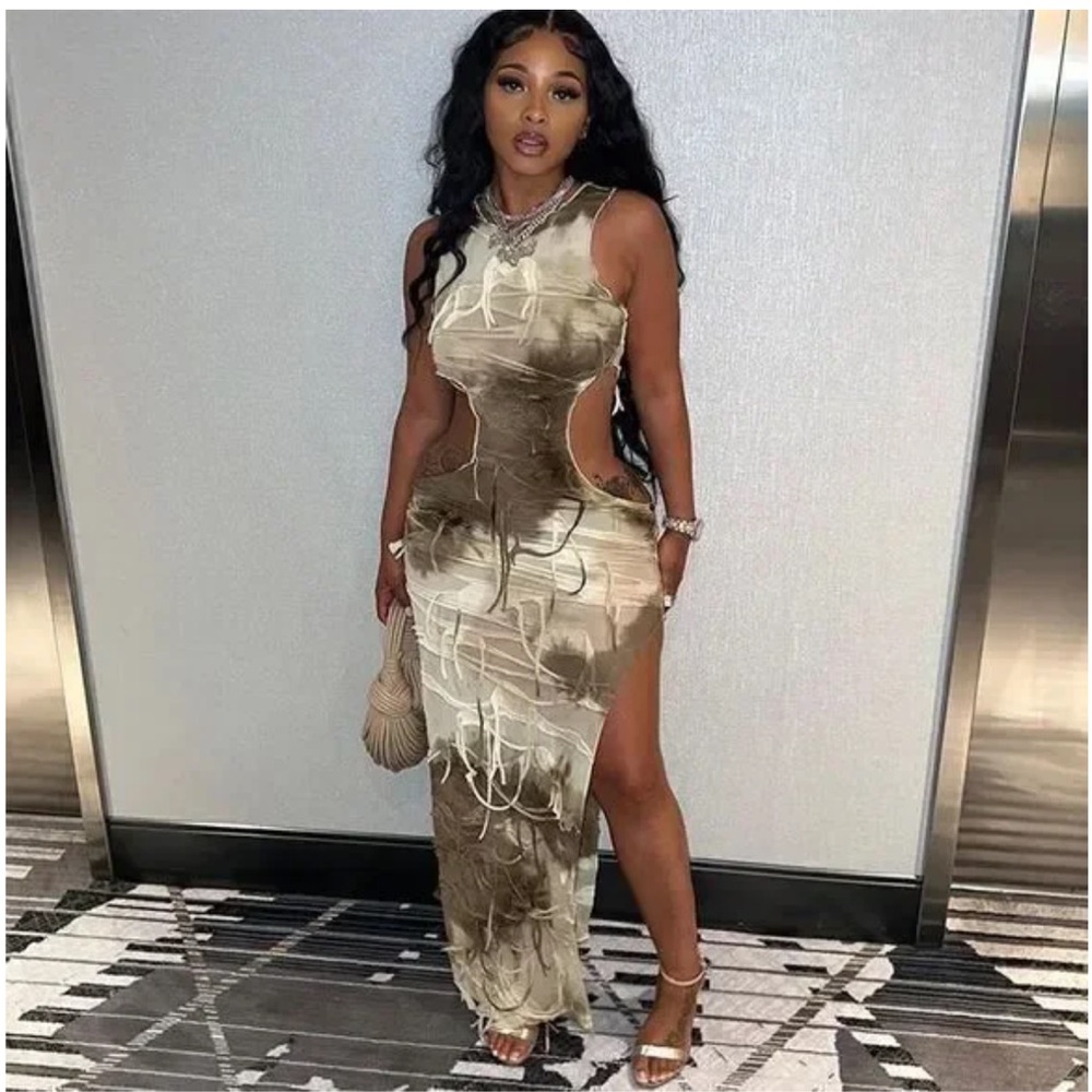 Tie Dye Distressed Sleeveless Cut Out Slit Maxi Dress